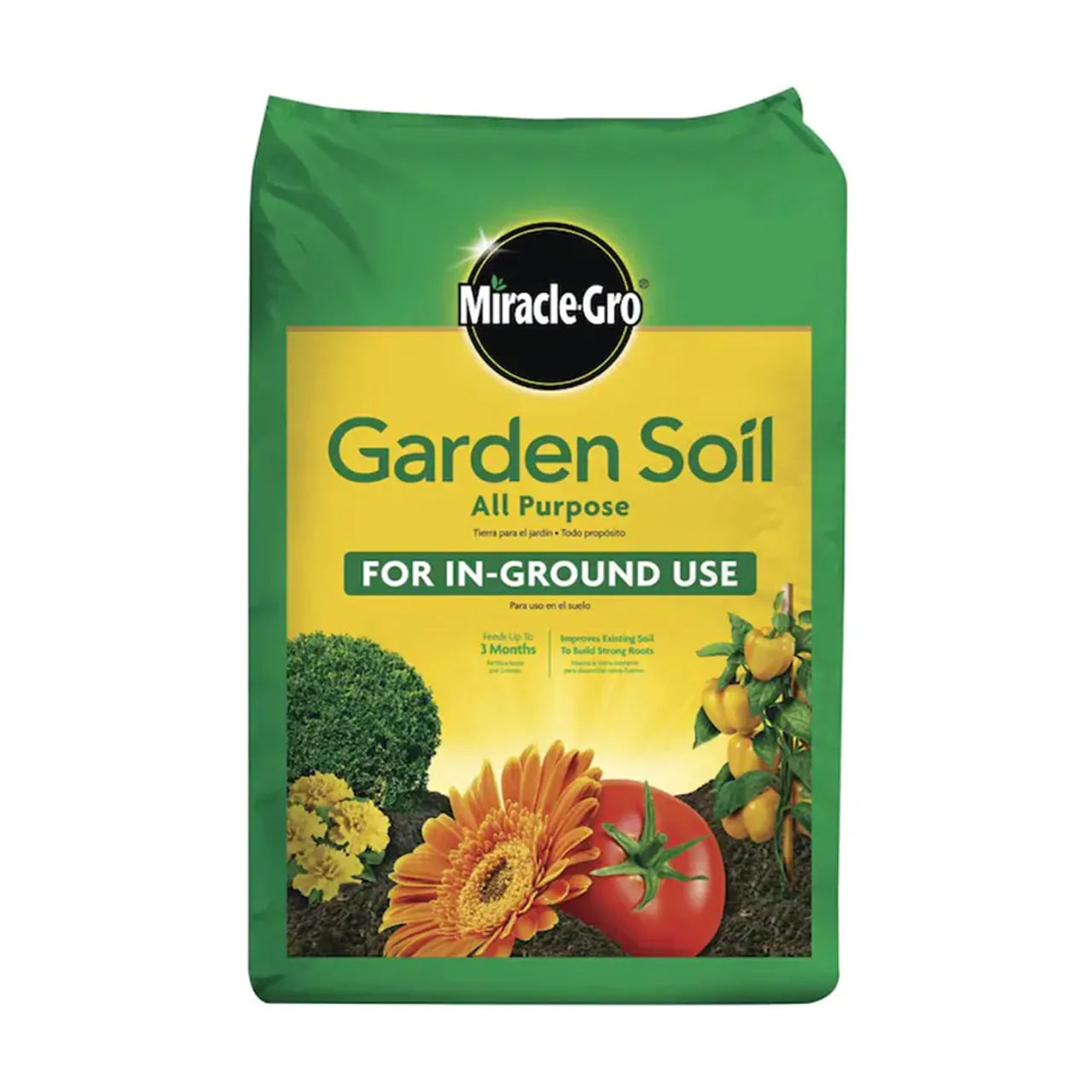 A green and yellow MIRACLE-GRO 1.5 cu. ft. All Purpose Garden Soil bag for in-ground use, showing a flower, tomato, green shrub, and yellow peppers on the front.